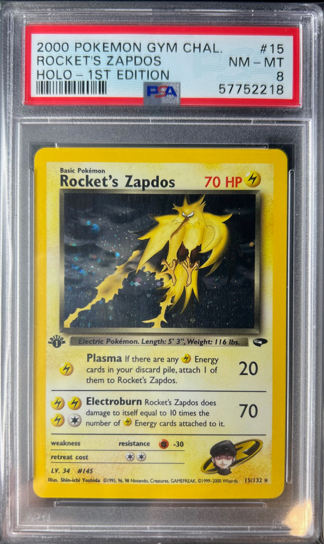 first edition zapdos pokemon card Base Set #16(Shadowless) Lightning Thunderbolt (100) Discard all Energy cards attached to Zapdos in order to use this attack. 1st Edition Zapdos 1999 Pokemon
